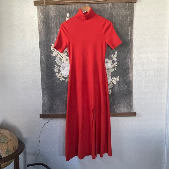 A.L.C. Caplan Turtleneck Short-Sleeve Slit-Front Dress Knit Midi Orange - Picture 3 of 6